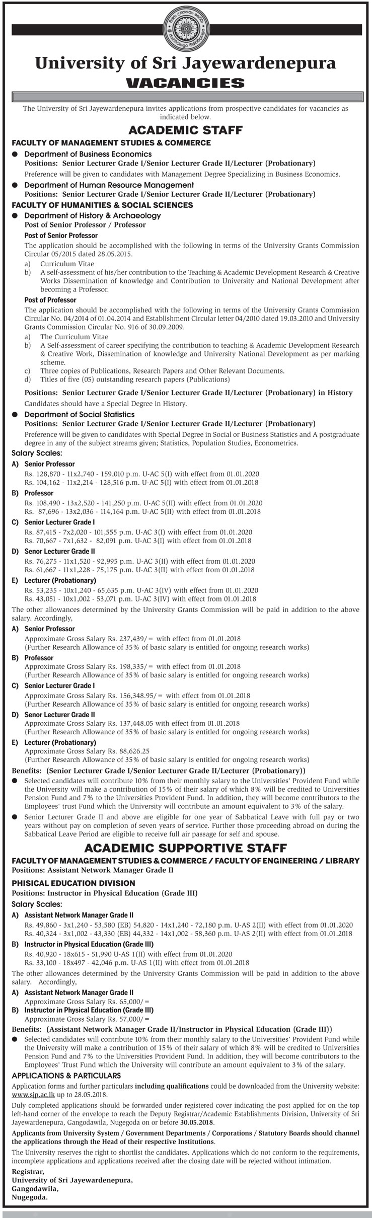 Assistant Network Manager, Instructor in Physical Education, Senior Professor, Professor, Senior Lecturer, Lecturer - University of Sri Jayewardenepura